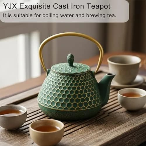 YJX Cast Iron Tea Kettle for Stovetop, 1000ml (34oz) Green Hexagon Pattern with Stainless Steel Infuser | Brew Sweet Tea thumbnail 2
