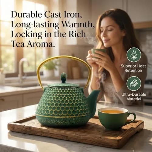 YJX Cast Iron Tea Kettle for Stovetop, 1000ml (34oz) Green Hexagon Pattern with Stainless Steel Infuser | Brew Sweet Tea thumbnail 3
