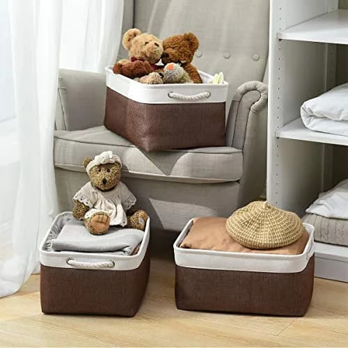Sacyic Large Storage Baskets for Shelves, Fabric Baskets for Organizing, Collapsible Storage Bins for Closet, Nursery, Clothes, Home & Office (3-Pack, White&Brown) | Stylish & Sturdy thumbnail 2