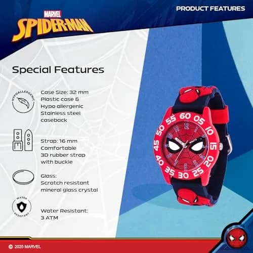 Marvel Spider-Man Kids Watch – Red Plastic Strap & 30M Water Resistance (32mm Dial, Official Licensed Toy) thumbnail 4