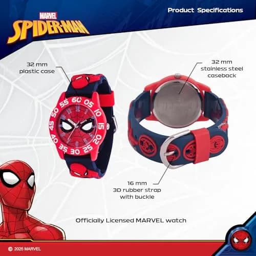Marvel Spider-Man Kids Watch – Red Plastic Strap & 30M Water Resistance (32mm Dial, Official Licensed Toy) thumbnail 3