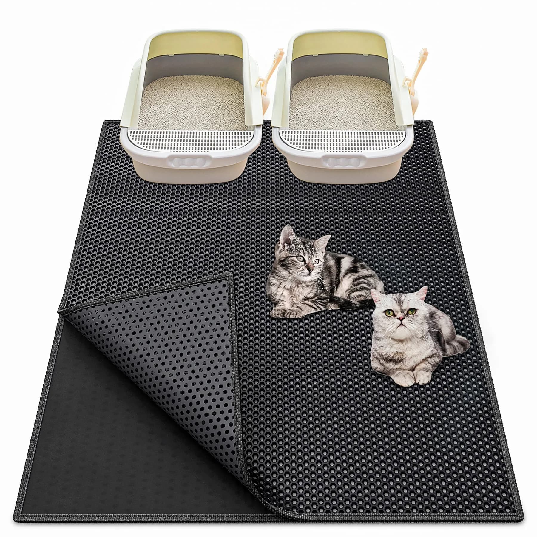 Waretary XL Cat Litter Mat 90cm x 76cm (36"x30") | Waterproof Scatter Control Grey — Black / 36"x 30"