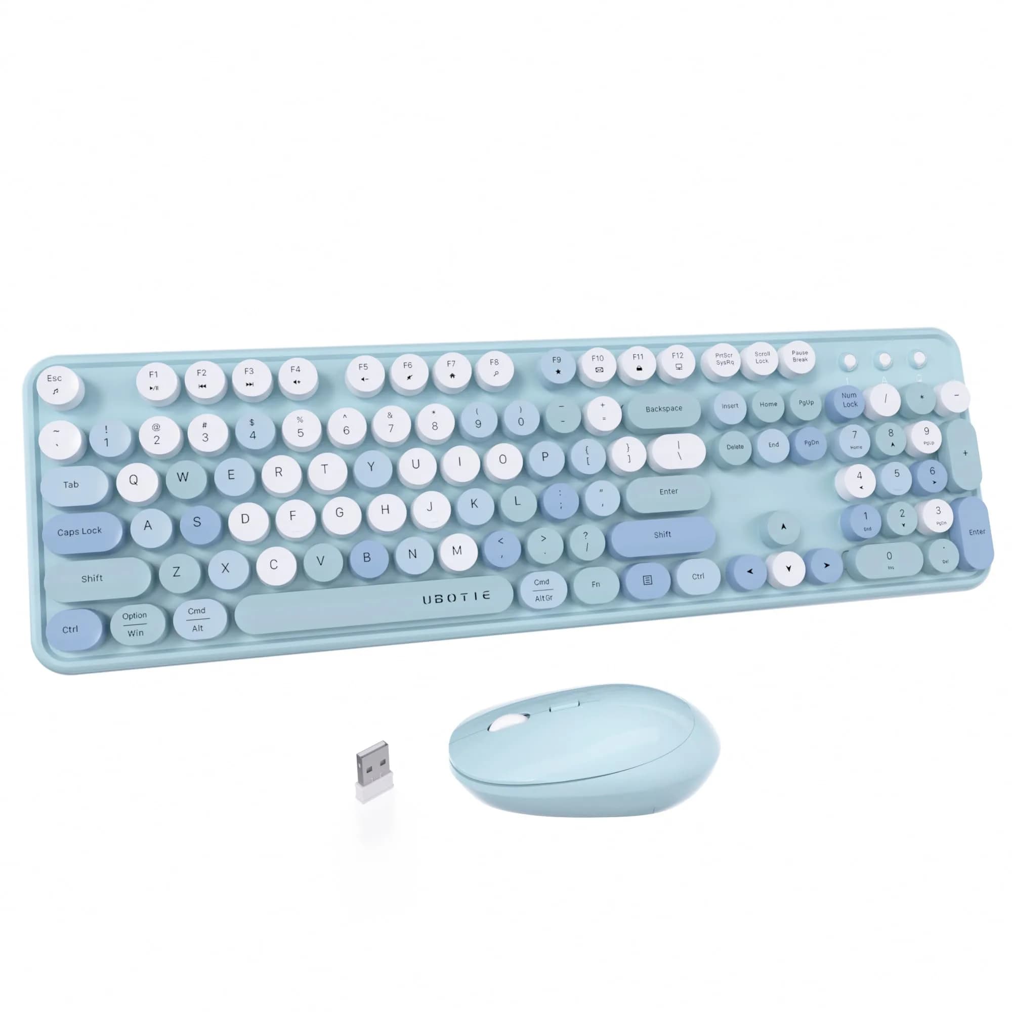 UBOTIE Colorful Wireless Keyboard and Mouse Combo with Round Keycaps & Mirror Surface, 2.4GHz USB Plug-and-Play, Full-Size 104-Key Layout (Blue-Colorful)