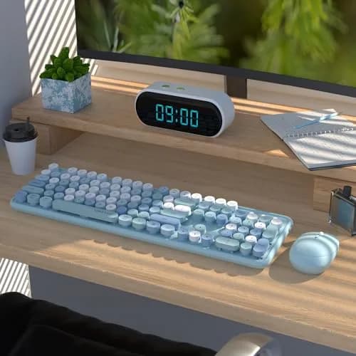 UBOTIE Colorful Wireless Keyboard and Mouse Combo with Round Keycaps & Mirror Surface, 2.4GHz USB Plug-and-Play, Full-Size 104-Key Layout (Blue-Colorful) thumbnail 2
