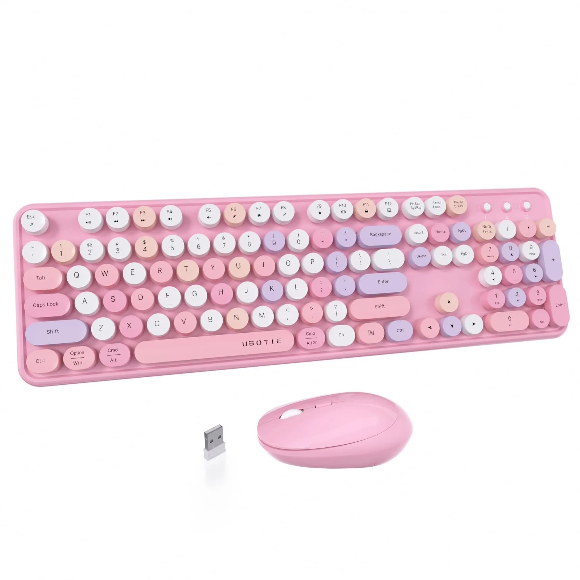 UBOTIE Colorful Wireless Keyboard and Mouse Combo (Pink-Colorful) | Retro Typewriter Floating Full-Sized Keys Computer Keyboard with Optical Mouse, 2.4GHz USB Connection for Windows Mac