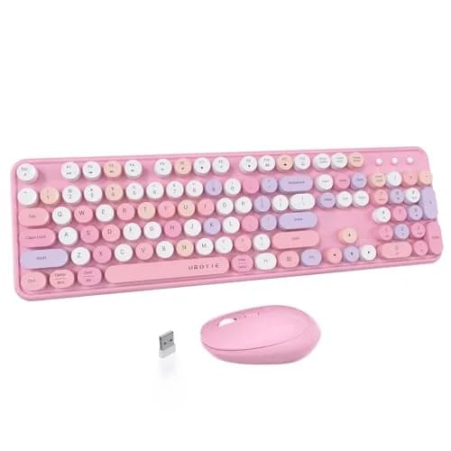 UBOTIE Colorful Wireless Keyboard and Mouse Combo (Pink-Colorful) | Retro Typewriter Floating Full-Sized Keys Computer Keyboard with Optical Mouse, 2.4GHz USB Connection for Windows Mac thumbnail 1