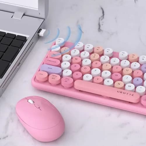 UBOTIE Colorful Wireless Keyboard and Mouse Combo (Pink-Colorful) | Retro Typewriter Floating Full-Sized Keys Computer Keyboard with Optical Mouse, 2.4GHz USB Connection for Windows Mac thumbnail 3
