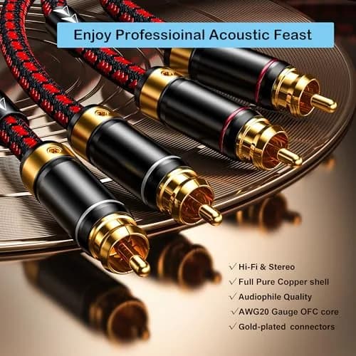 Primeda Audiophile 2RCA Male to 2RCA Male Stereo Audio Cable, Gold Plated | 0.91 m (3 Feet) Heavy Duty Cotton Braided thumbnail 4