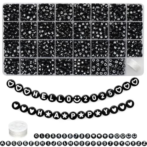 Looconi Black Letter Beads 1600pcs 7x4mm Round Acrylic Alphabet A-Z Number Star Smiley Heart Beads | Craft Beads for Jewelry Making thumbnail 1
