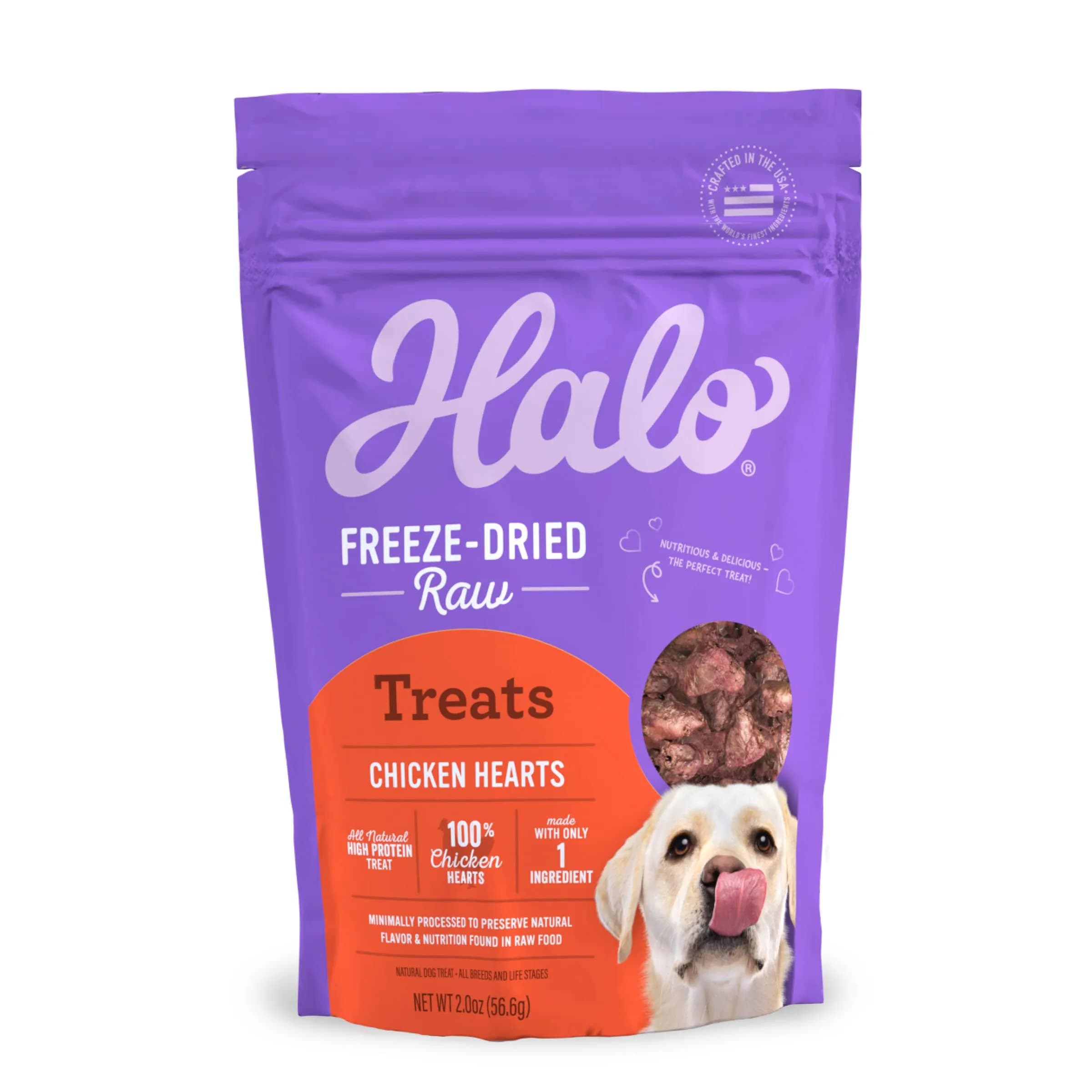 Halo Plant-Based Dog Treats Variety Pack 8 oz | Crunchy, Vegan & All-Natural Dog Snacks — Freeze-Dried Chicken Hearts / 2 Ounce