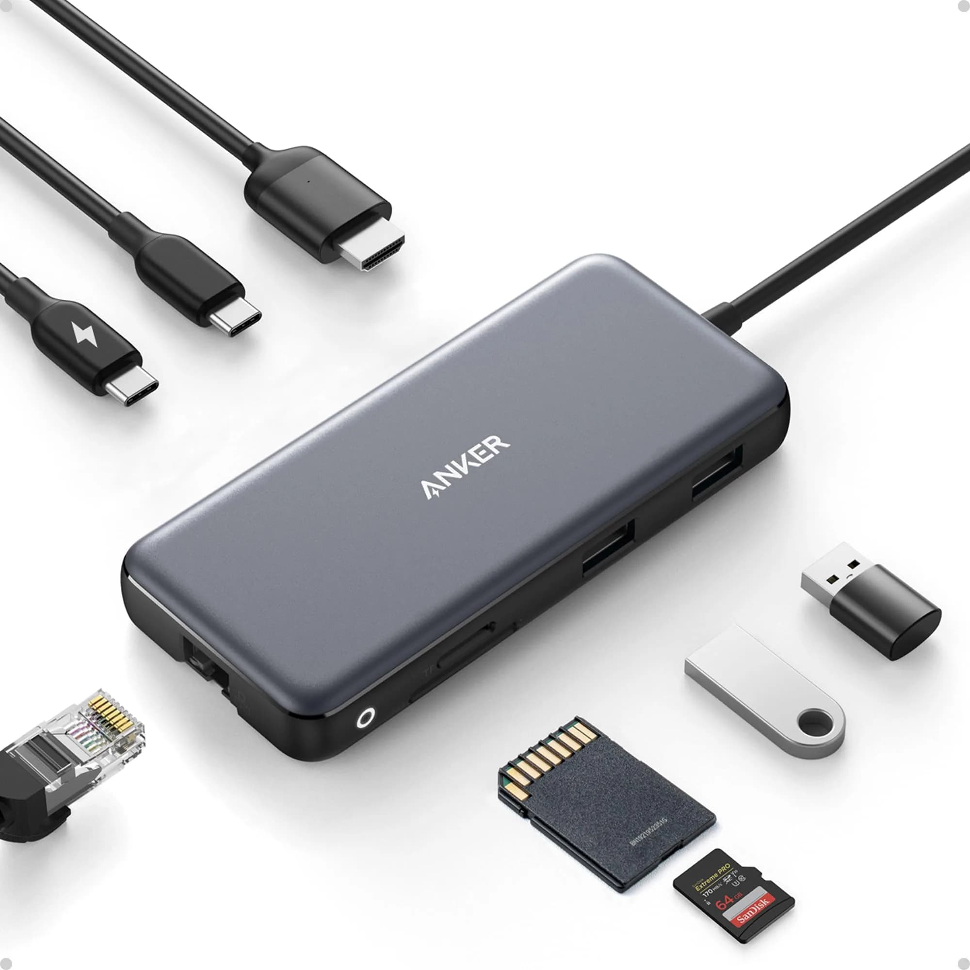 Anker 555 USB-C Hub (8-in-1) with 4K@60Hz HDMI, 10Gbps USB-C & 2 USB-A Data Ports, Ethernet, SD/MicroSD Card Reader, 85W PD Pass-Through - main product image