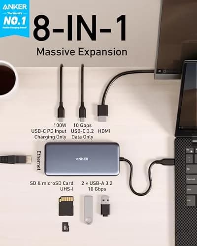 Anker 555 USB-C Hub (8-in-1) with 4K@60Hz HDMI, 10Gbps USB-C & 2 USB-A Data Ports, Ethernet, SD/MicroSD Card Reader, 85W PD Pass-Through thumbnail 2