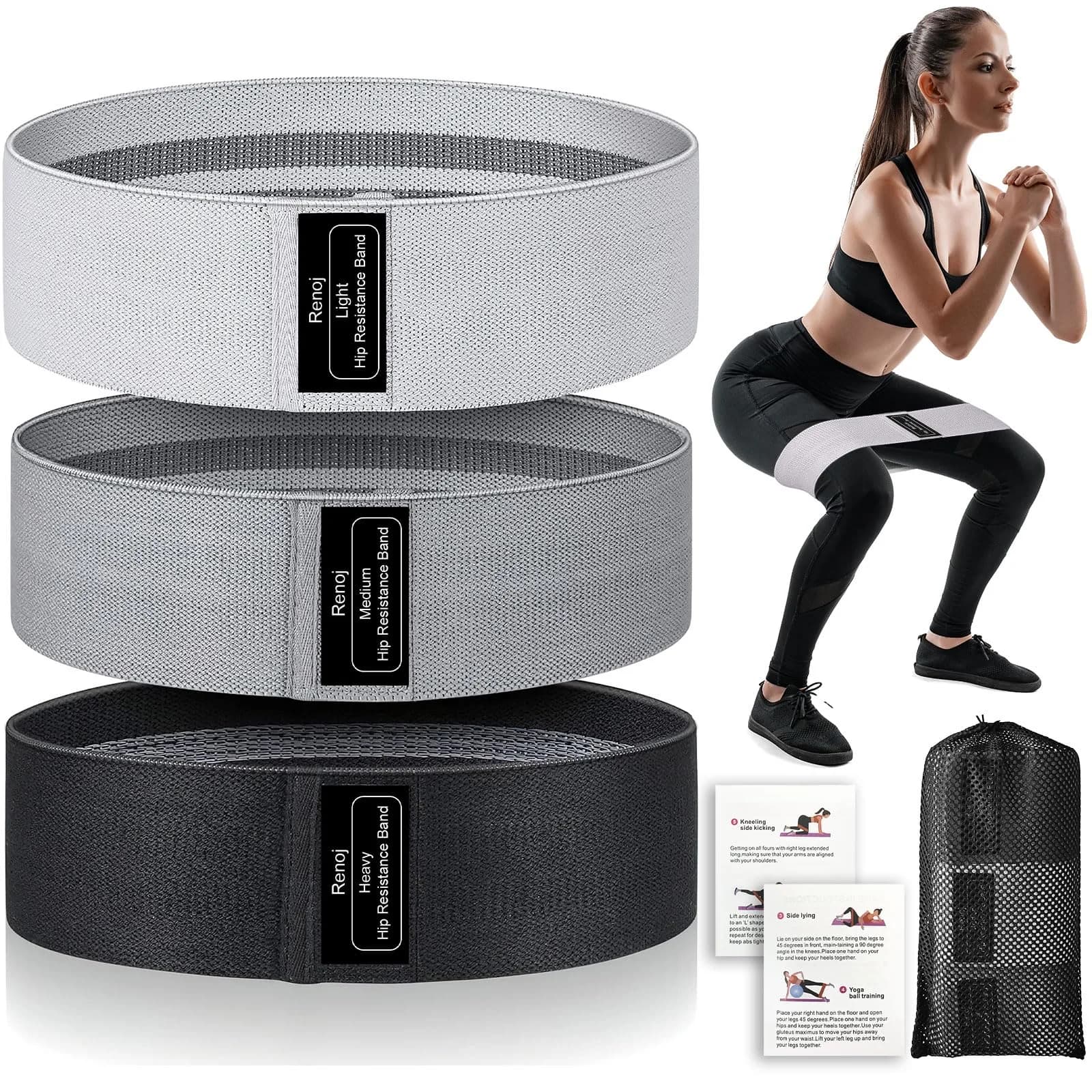 Renoj Booty Resistance Bands Set, 3 Non Slip Hip Exercise Bands for Legs & Butt, Resistance 35 lbs | Fitness & Strength Training - main product image