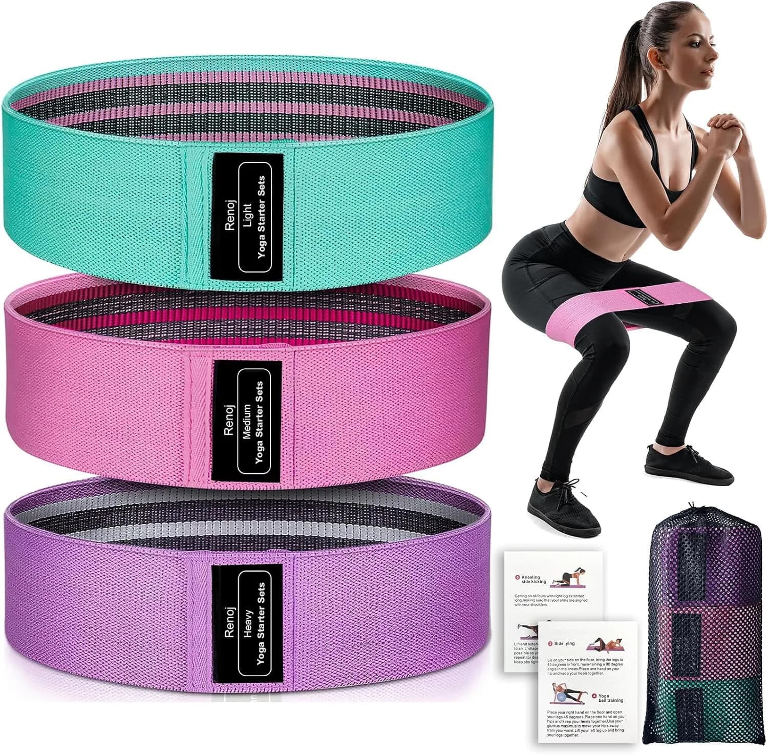 Renoj Booty Resistance Bands Set, 3 Non Slip Hip Exercise Bands for Legs & Butt, Resistance 35 lbs | Fitness & Strength Training — Pink