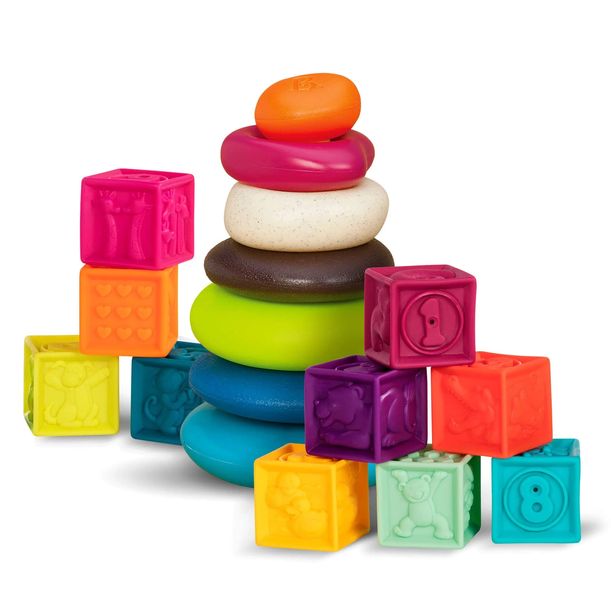 B. toys Baby Blocks & Stacking Set, One Two Squeeze & Stacking Stones 17-Piece Playset | Educational Toy for 6 Months+