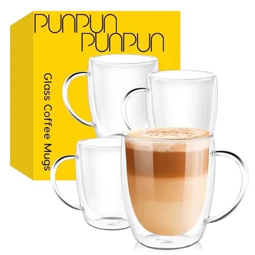 PunPun 12.9oz. Double Wall Glass Coffee Mug Set of 4 | Insulated Borosilicate Cups for Hot & Cold Beverages thumbnail 1