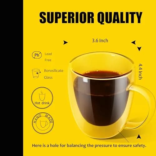 PunPun 12.9oz. Double Wall Glass Coffee Mug Set of 4 | Insulated Borosilicate Cups for Hot & Cold Beverages thumbnail 4