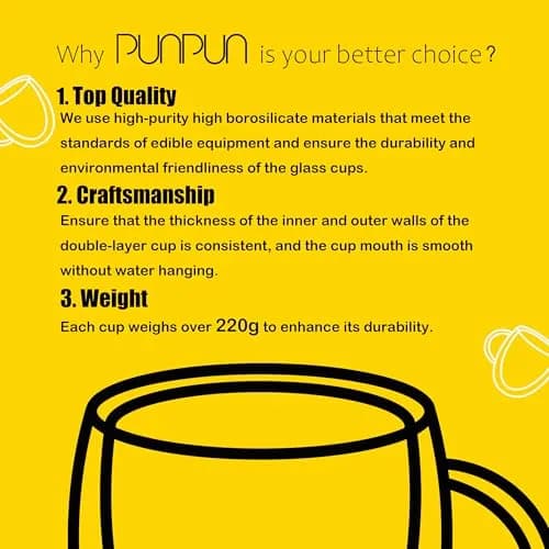 PunPun 12.9oz. Double Wall Glass Coffee Mug Set of 4 | Insulated Borosilicate Cups for Hot & Cold Beverages thumbnail 5
