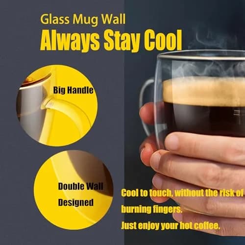 PunPun 12.9oz. Double Wall Glass Coffee Mug Set of 4 | Insulated Borosilicate Cups for Hot & Cold Beverages thumbnail 2