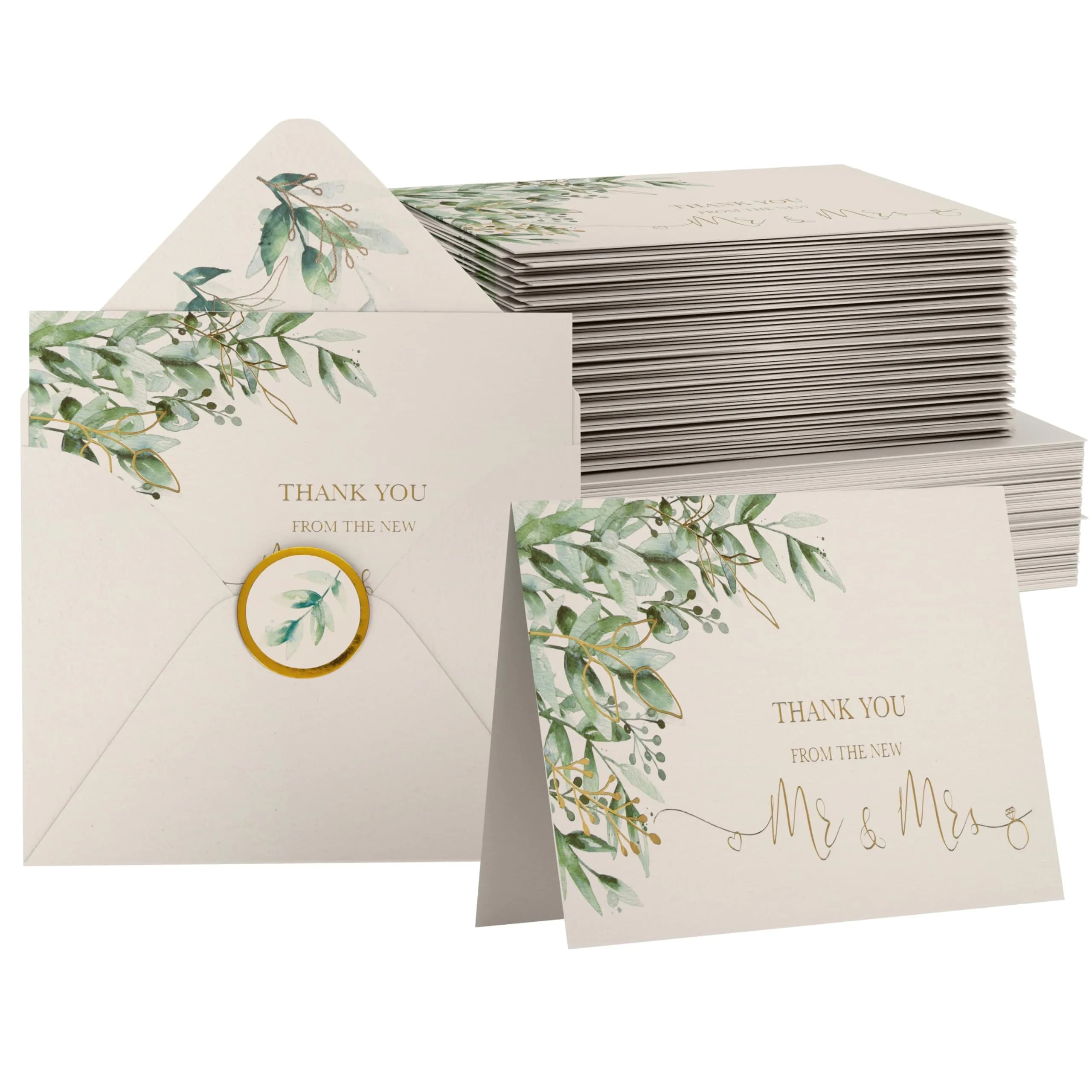 VNS Creations Blank Wedding Thank You Cards 100 Pack 4x6 Inches | Greenery & Gold Design — Greenery & Gold