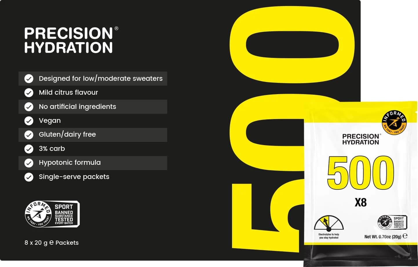 Precision Hydration Electrolyte Powder - No Artificial Ingredients, 8 Packets, 500mg/L | Hydration Support for Athletes - main product image