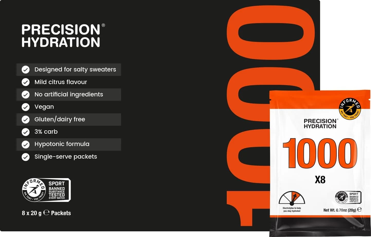 Precision Hydration Electrolyte Powder - No Artificial Ingredients, Multi Strength Hydration Packets - Individual Waterproof Servings - Gluten/Dairy Free, 8 Packets (1000mg/L-Orange) - main product image