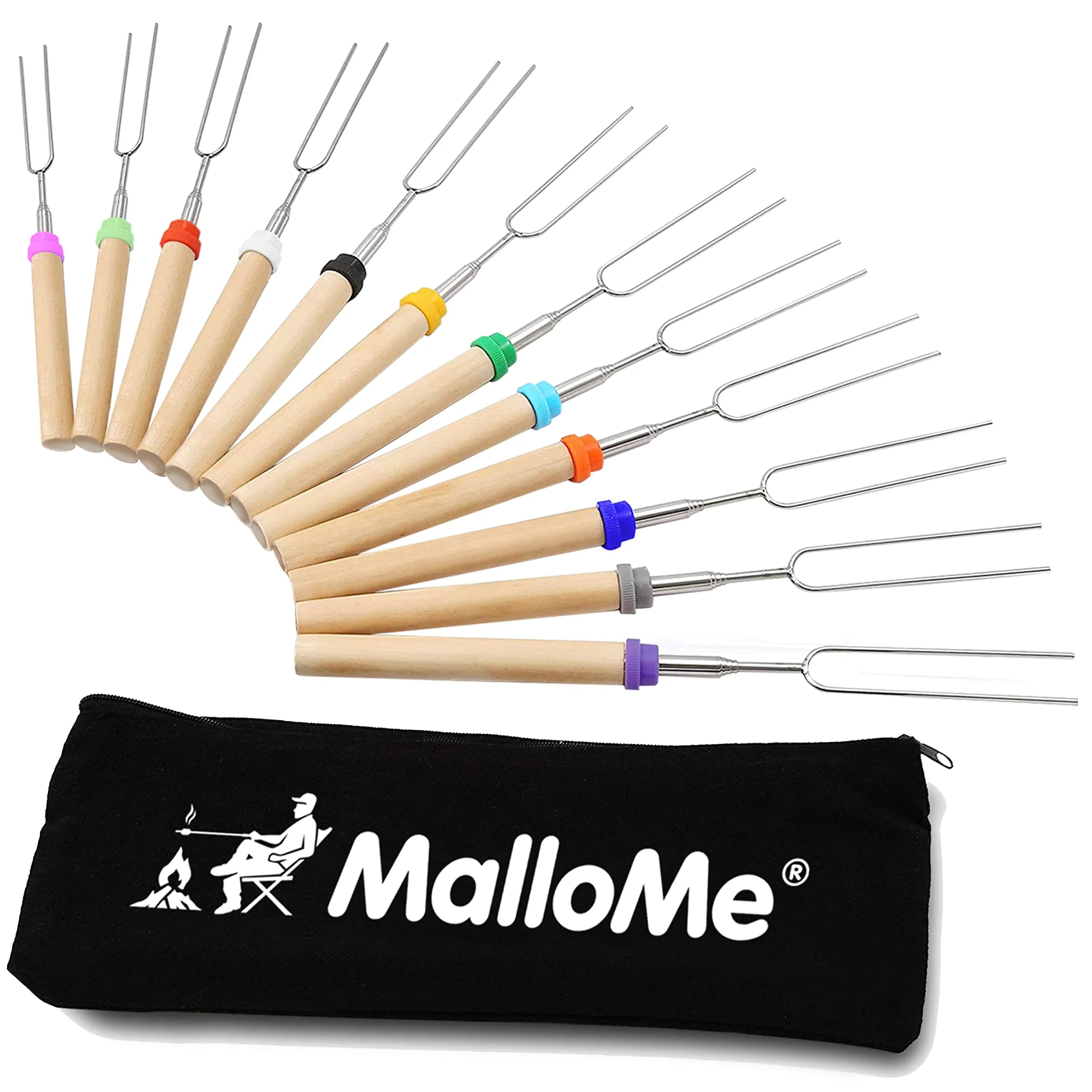 MalloMe 32" Telescoping Marshmallow Roasting Sticks (5 Pack, Silver) | Heavy Duty Stainless Steel Forks for Campfire Cooking — Multicolor