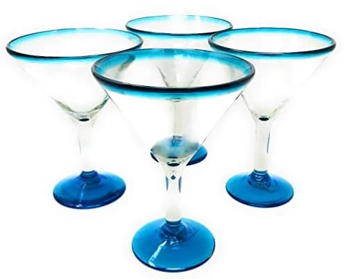 Dos Sueños Aqua Rim Margarita Glasses Set of 4 | Hand Blown Mexican Glassware thumbnail 1