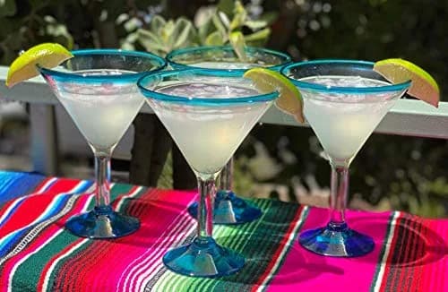 Dos Sueños Aqua Rim Margarita Glasses Set of 4 | Hand Blown Mexican Glassware thumbnail 4