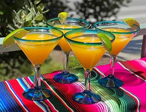 Dos Sueños Aqua Rim Margarita Glasses Set of 4 | Hand Blown Mexican Glassware thumbnail 2