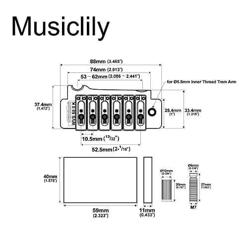 Musiclily Wilkinson WVS50IIK 52.5mm 2-Point Electric Guitar Tremolo Bridge, Black | Precision Steel Saddles & Full Assembly thumbnail 2