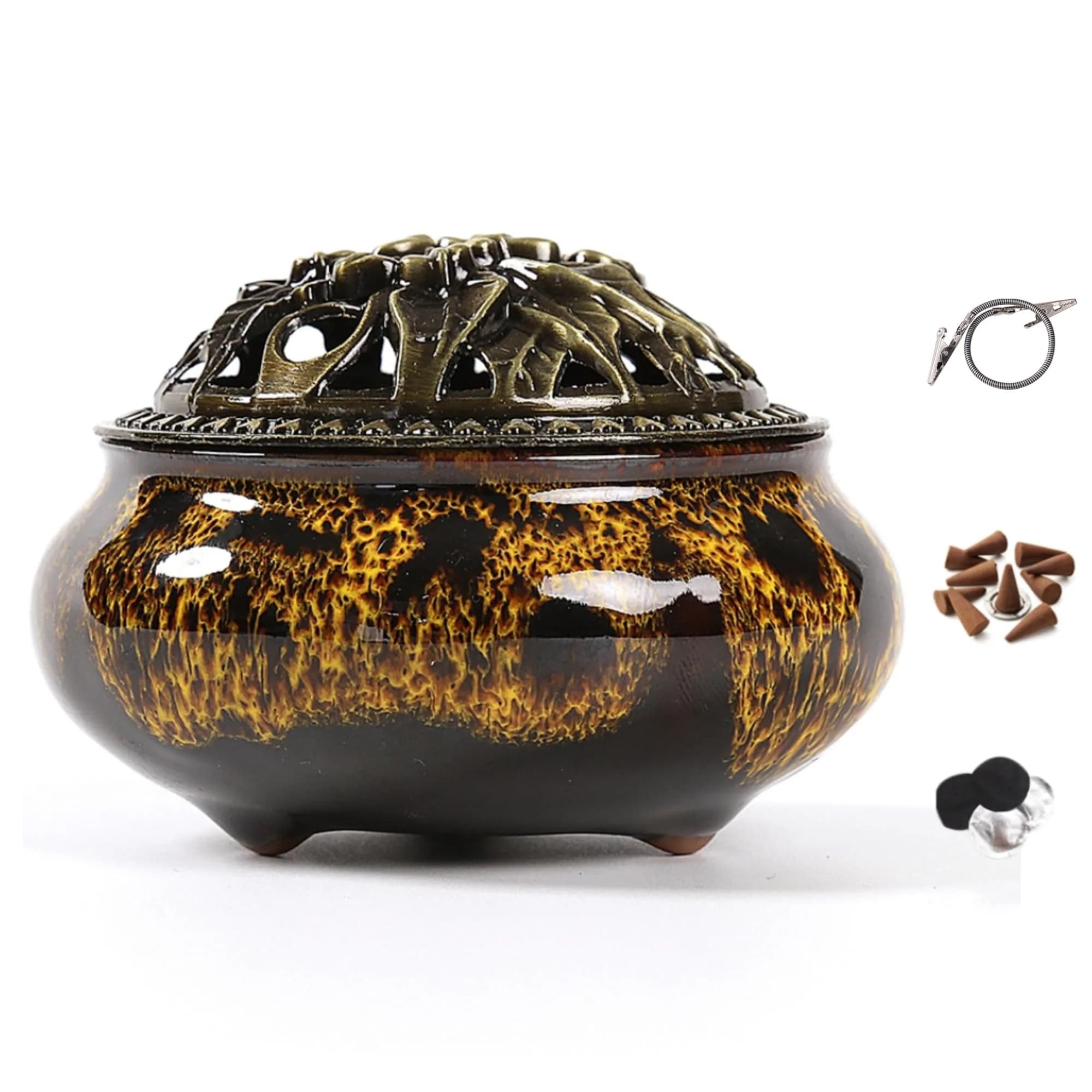 LamDawn Fambe Red Ceramic Incense Burner with Calabash Holder | Meditation & Relaxation — Fambe Yellow