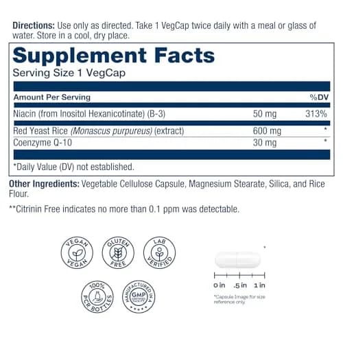 SOLARAY Red Yeast Rice with CoQ10 & Niacin (Vitamin B3) 100 VegCaps thumbnail 2