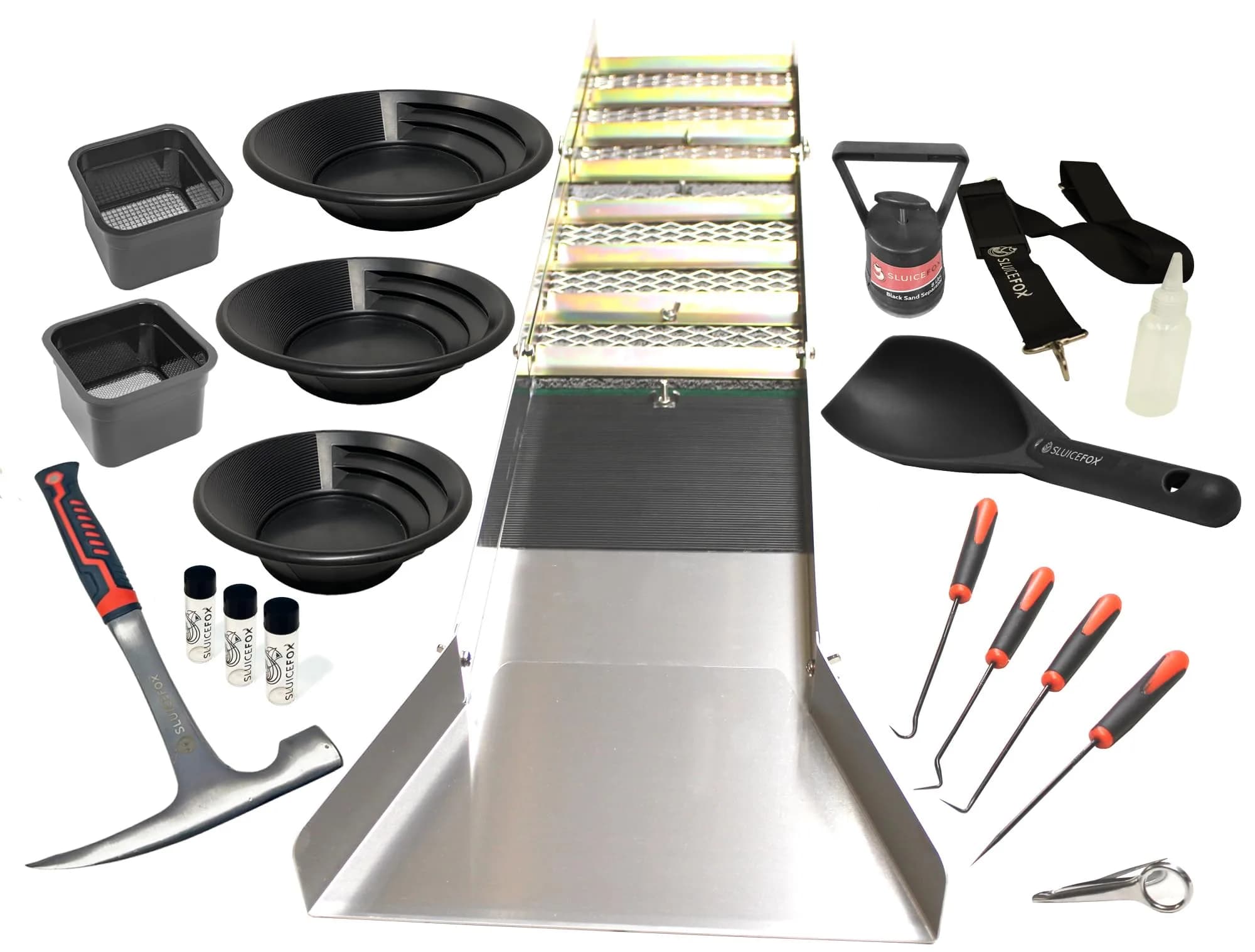 Sluice Fox Complete Gold Mining Kit | Folding 50 inch Sluice Box & Prospecting Tools — Black Bag / Good