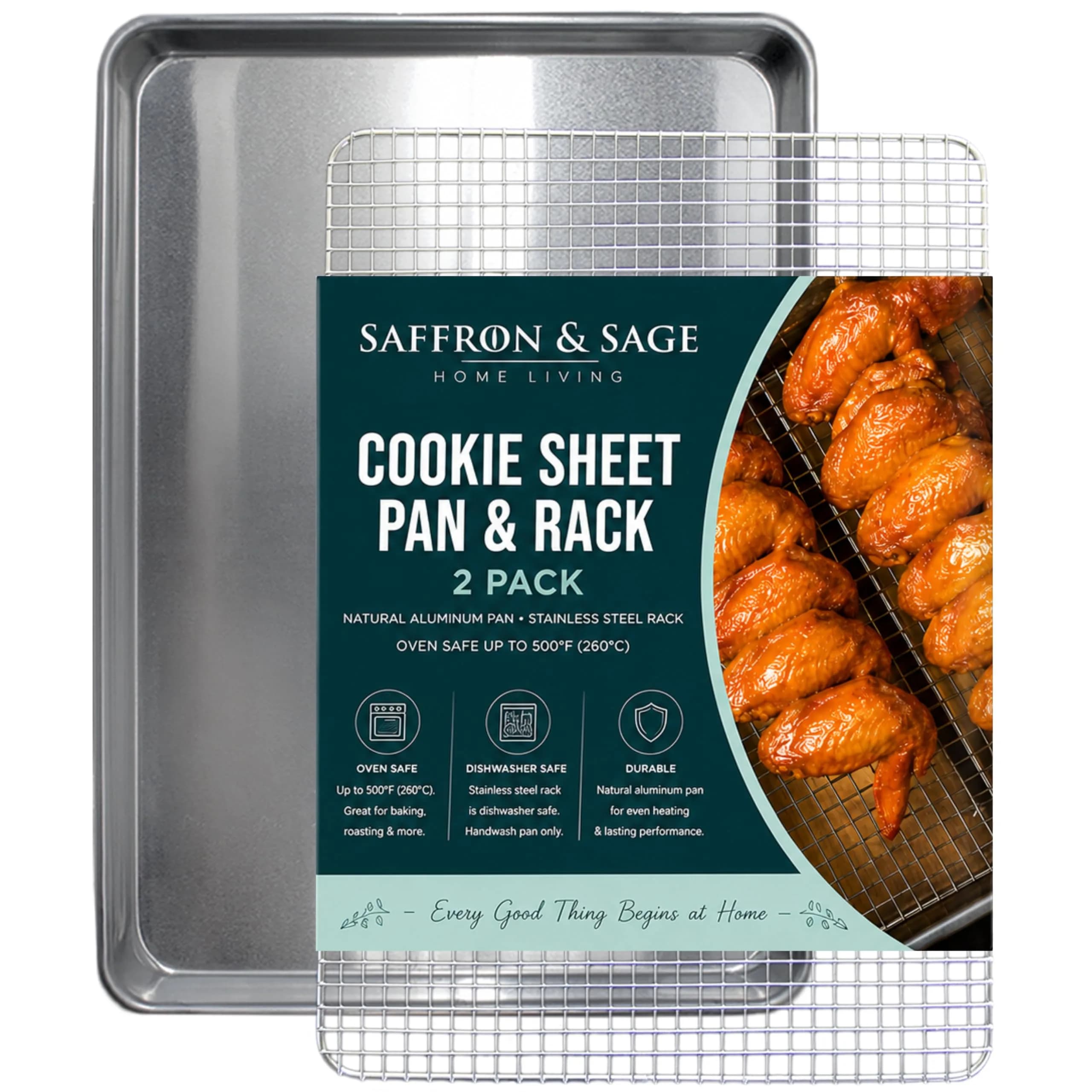Saffron & Sage Home Living Commercial Quality Cookie Sheet & Rack | Heavy Duty Aluminum Baking & Cooling Set - main product image