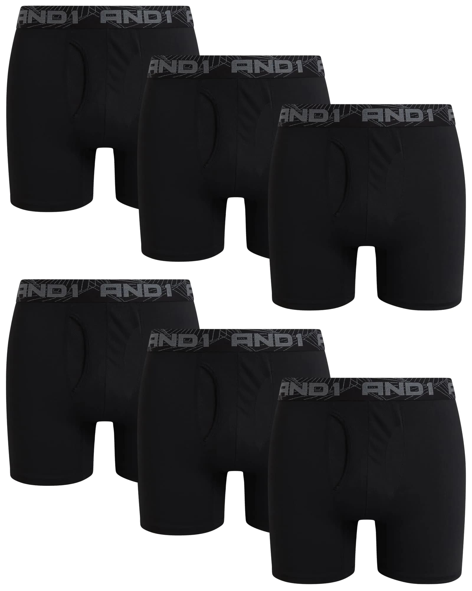 AND1 Mens Boxer Briefs - 6 Pack Platinum Performance with Fly Pouch 6" Inseam X-Large Black