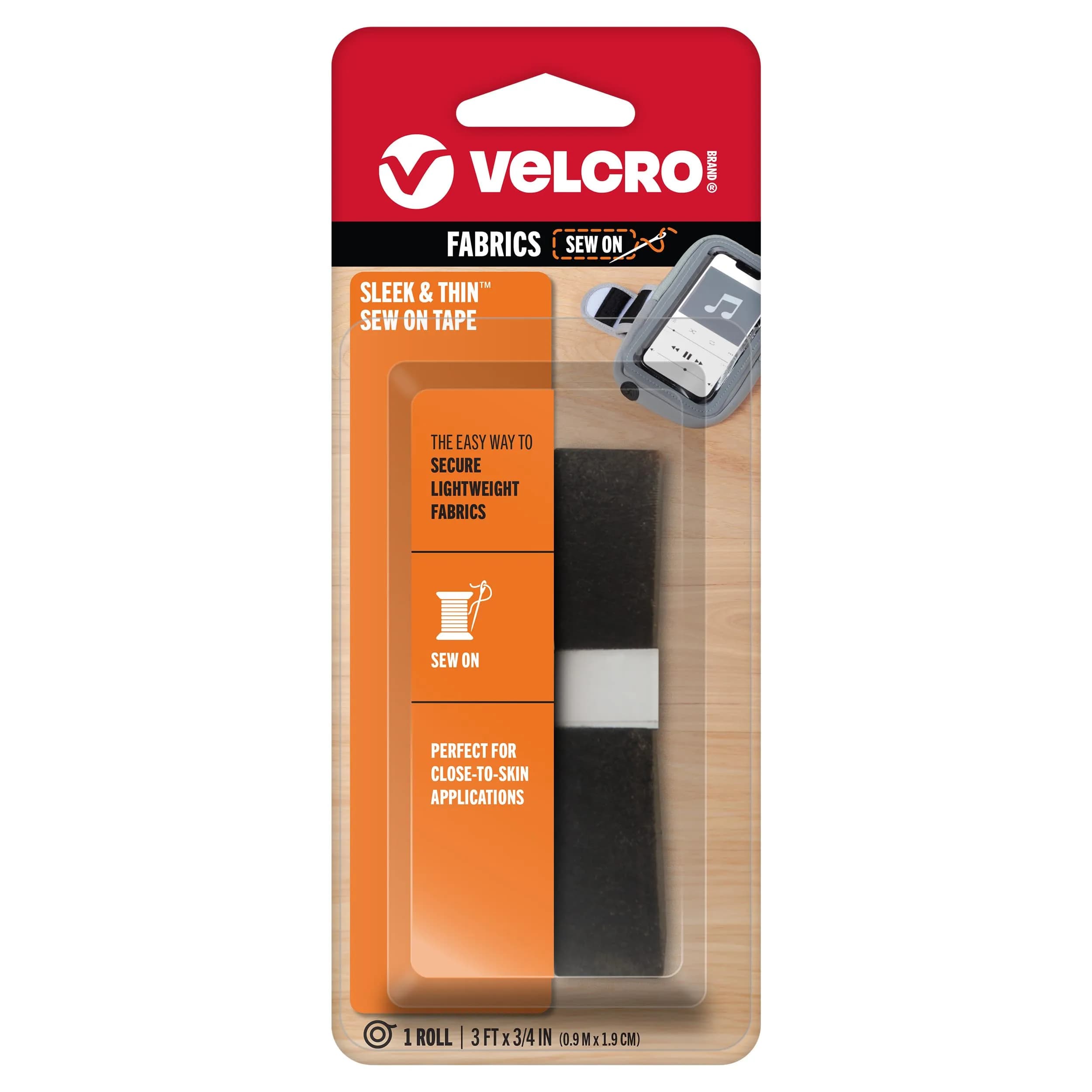 VELCRO Brand Sleek and Thin Sew On Fabric Tape 3ft x 3/4in White | Soft on Skin, Ultra Light with Sewing Lane Technology — Black