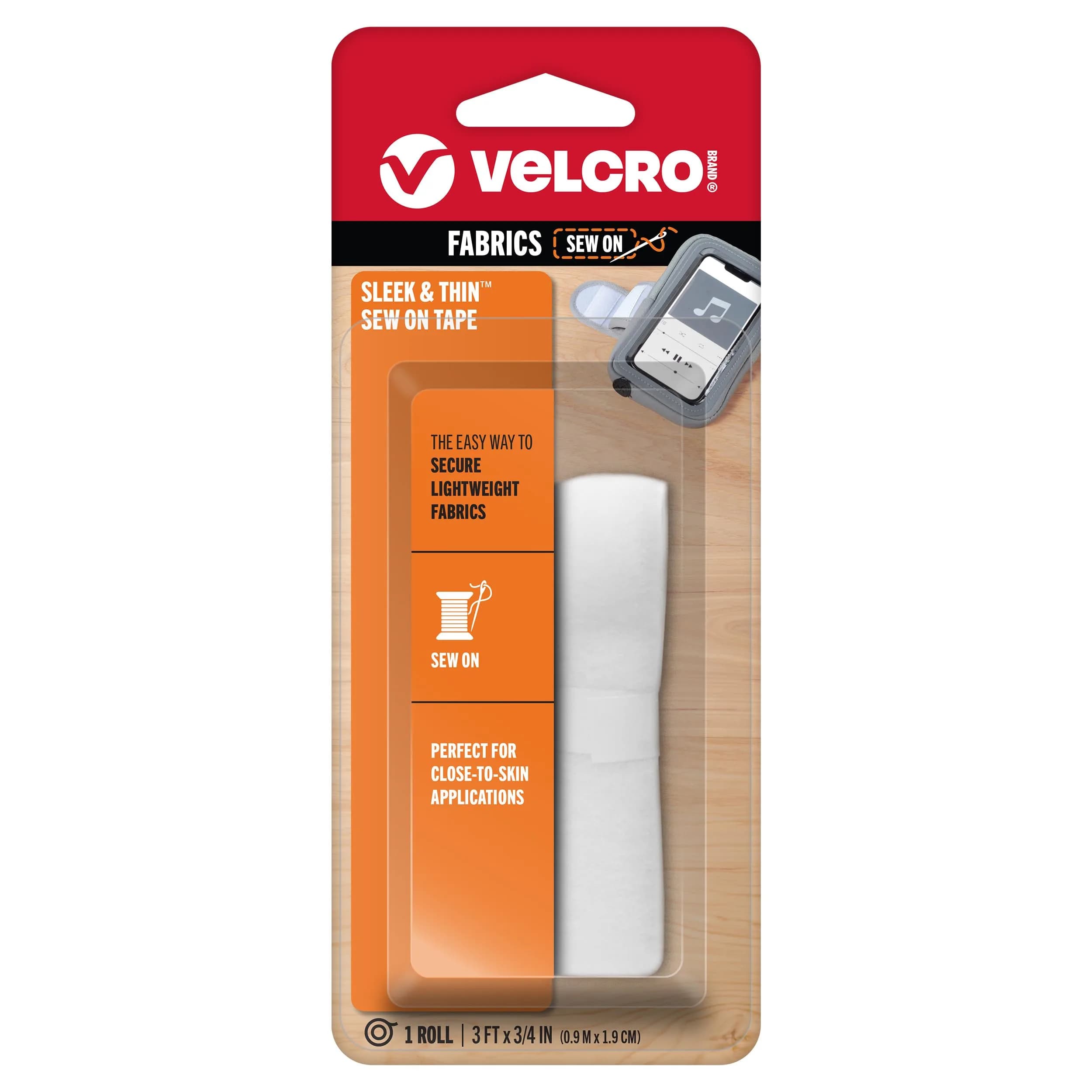 VELCRO Brand Sleek and Thin Sew On Fabric Tape 3ft x 3/4in White | Soft on Skin, Ultra Light with Sewing Lane Technology