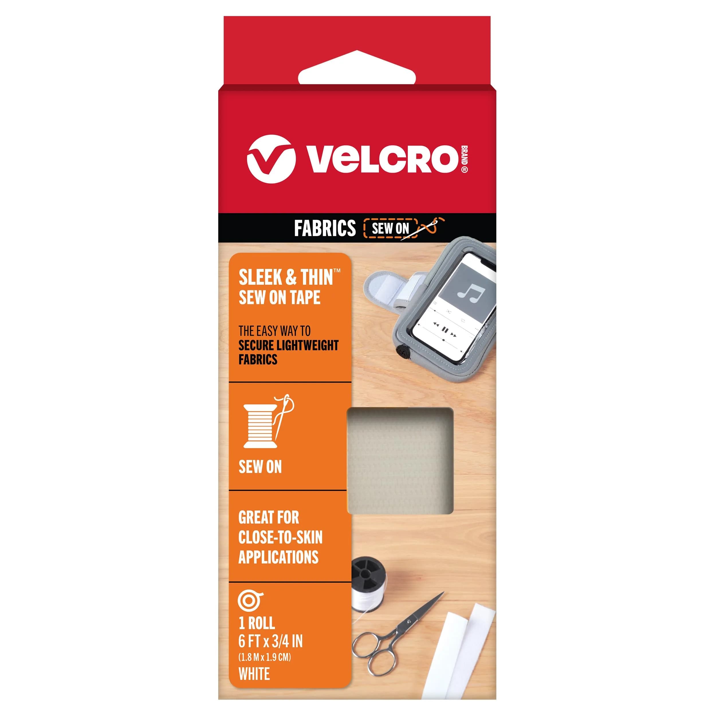 VELCRO Brand Sleek and Thin Fabric Tape, Sew On, 1.9 cm (3/4 in) x 1.8 m (6 ft), White | Soft, Stretchable, and Breathable for Delicate Garments - main product image