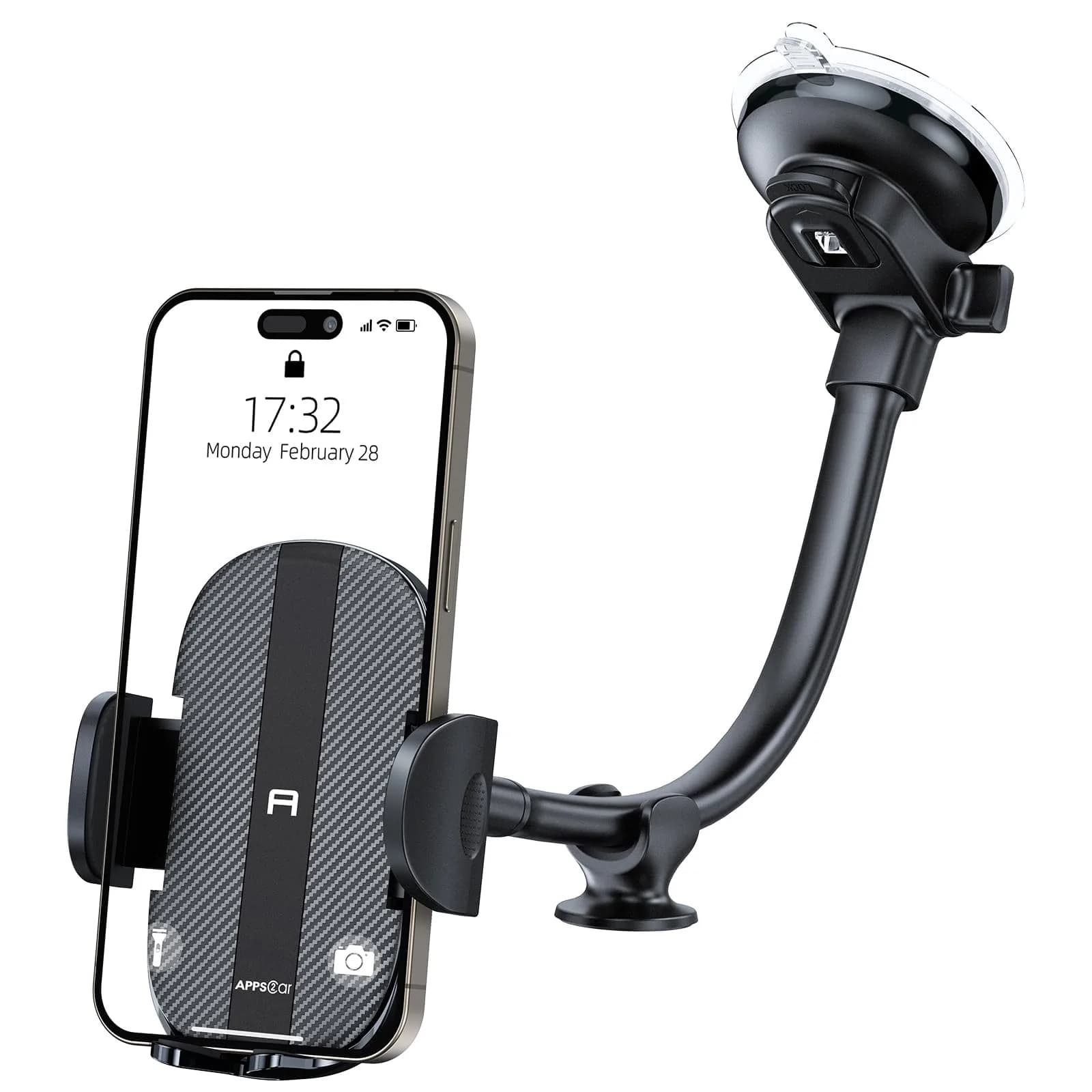 APPS2Car Gooseneck Car Phone Holder Dashboard Windshield Mount Flexible Arm with 360° Swivel Tilt Cradle Grip | 10.4cm (4.1in) Max Width - main product image