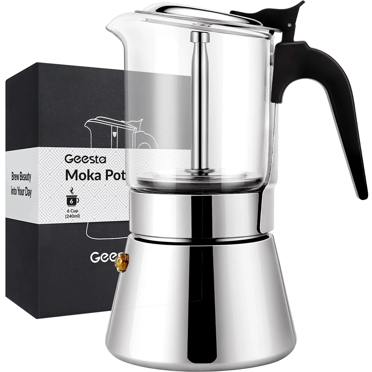 Geesta 6 Cup Stainless Steel Stovetop Espresso Moka Pot | 240ml (8.5oz) for Rich Coffee - main product image