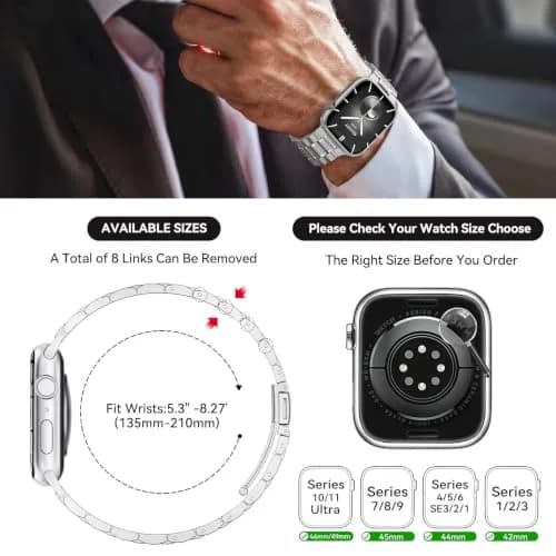 Bestig Stainless Steel Metal Band Compatible with Apple Watch Series 1-11, Ultra 3/2/1, SE 3/2/1 (42mm/44mm/45mm/46mm/49mm) | Adjustable Link Bracelet thumbnail 6