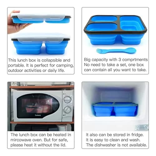 fancyfree Collapsible Silicone Benton Container, Leakproof Lunch Box with 3 Compartments, BPA Free Food Storage (Blue) | Space-Saving & Safe thumbnail 4