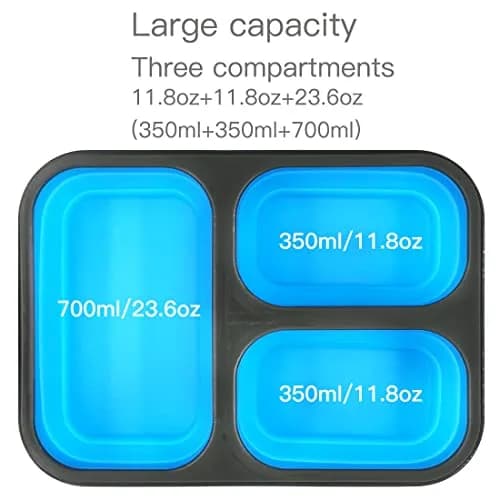 fancyfree Collapsible Silicone Benton Container, Leakproof Lunch Box with 3 Compartments, BPA Free Food Storage (Blue) | Space-Saving & Safe thumbnail 6