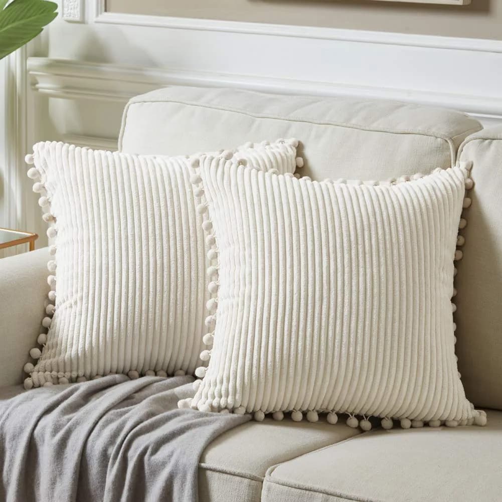 Fancy Homi Boho Decorative Throw Pillow Covers with Pom-poms, Soft Corduroy Accent Solid Square Cushion Case Set for Couch Sofa Bedroom Car Living Room (2-Pack, 18x18 Inch / 45x45 cm, Cream) - main product image