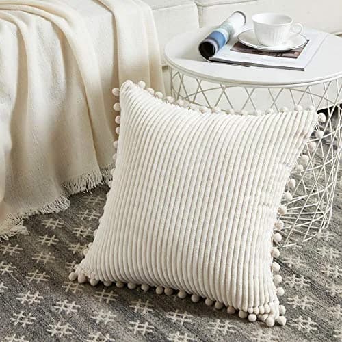 Fancy Homi Boho Decorative Throw Pillow Covers with Pom-poms, Soft Corduroy Accent Solid Square Cushion Case Set for Couch Sofa Bedroom Car Living Room (2-Pack, 18x18 Inch / 45x45 cm, Cream) thumbnail 2