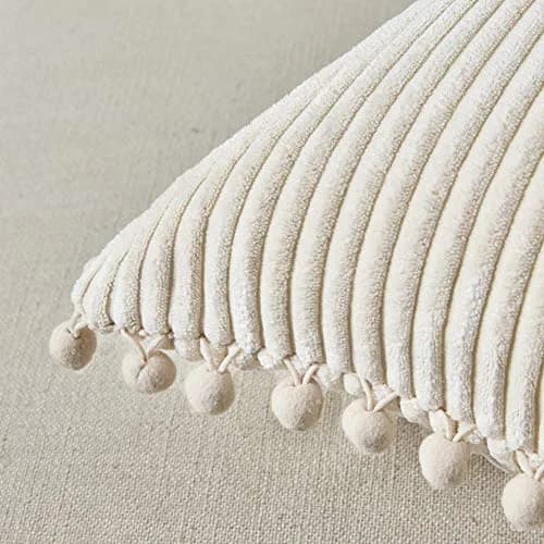 Fancy Homi Boho Decorative Throw Pillow Covers with Pom-poms, Soft Corduroy Accent Solid Square Cushion Case Set for Couch Sofa Bedroom Car Living Room (20x20 Inch/50.8x50.8 cm, Cream) | Pack of 2 thumbnail 4