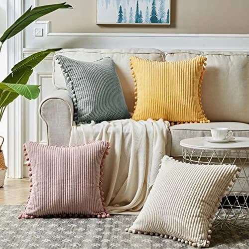 Fancy Homi Boho Decorative Throw Pillow Covers with Pom-poms, Soft Corduroy Accent Solid Square Cushion Case Set for Couch Sofa Bedroom Car Living Room (20x20 Inch/50.8x50.8 cm, Cream) | Pack of 2 thumbnail 6
