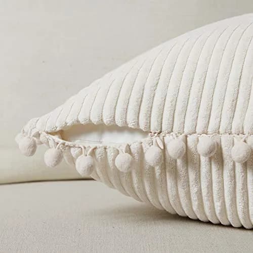 Fancy Homi Boho Decorative Throw Pillow Covers with Pom-poms, Soft Corduroy Accent Solid Square Cushion Case Set for Couch Sofa Bedroom Car Living Room (20x20 Inch/50.8x50.8 cm, Cream) | Pack of 2 thumbnail 3
