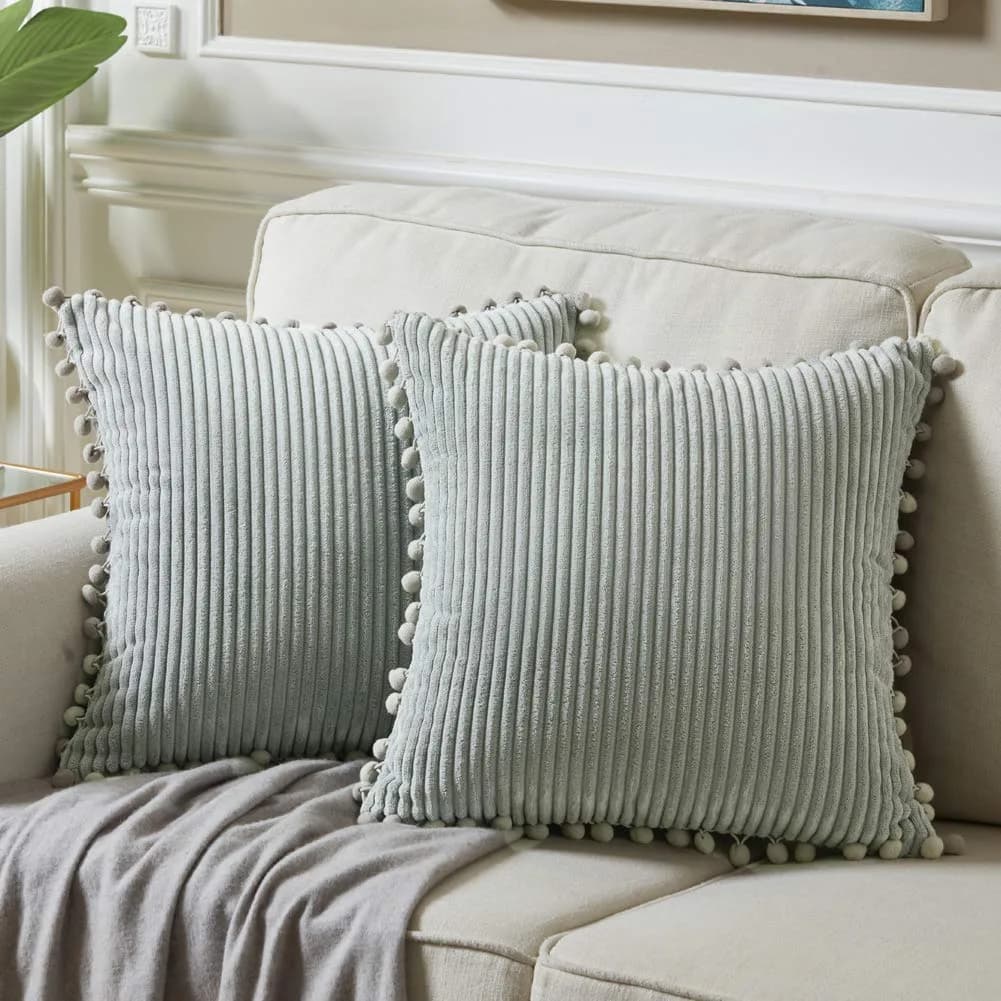 Fancy Homi Boho Decorative Throw Pillow Covers with Pom-poms, Soft Corduroy Accent Solid Square Cushion Case Set for Couch Sofa Bedroom Car Living Room (2-Pack, 18x18 Inch / 45x45 cm, Cream) — Grey / 18" x 18"